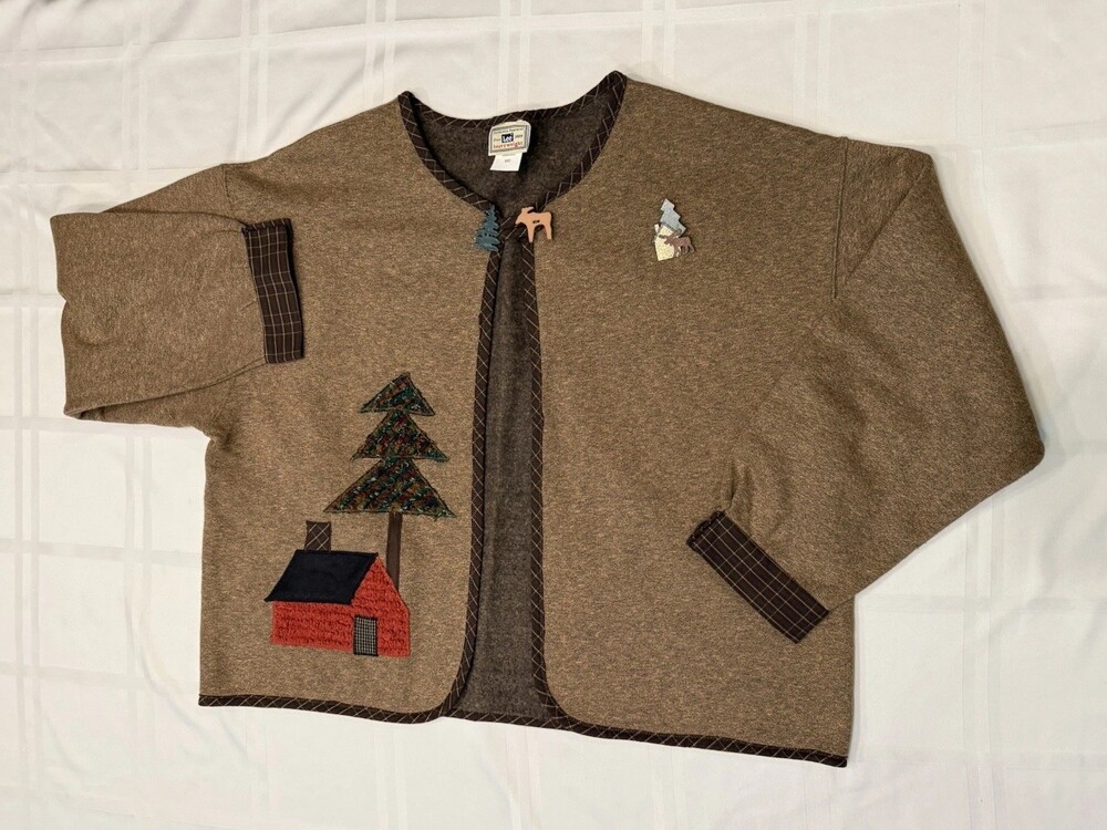 Vtg Lee Heavyweight Cottage Cabin House Fleece Cardigan Open Jacket Reindeer MD